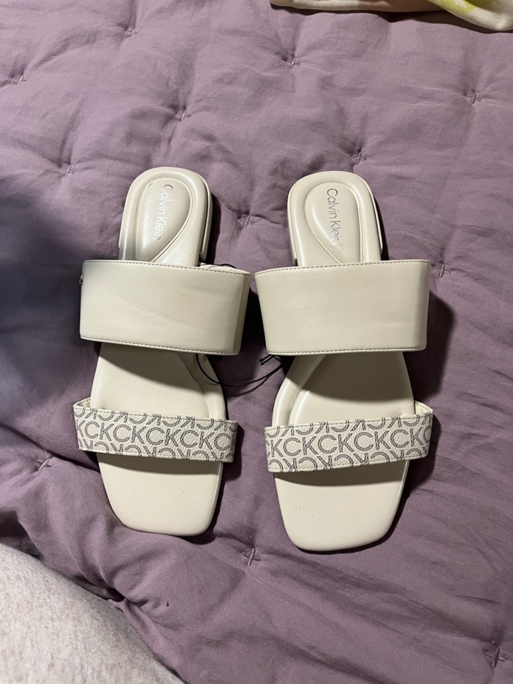 Calvin Klein Off-White Dual-Strap Slide Mules with CK Logo